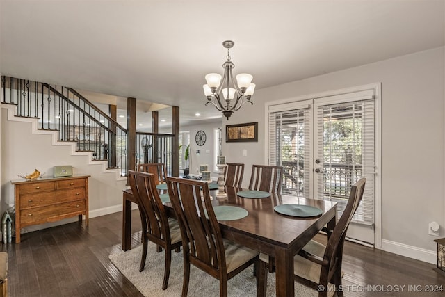 dining area featuring stairs, french doors, dark wood finished floors, and baseboards