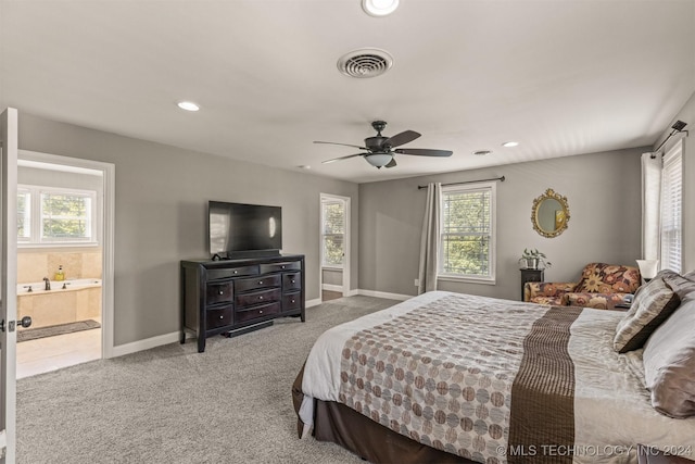 bedroom with baseboards, visible vents, light colored carpet, ceiling fan, and recessed lighting