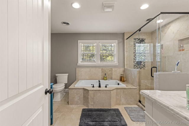 full bath featuring a stall shower, visible vents, toilet, a garden tub, and recessed lighting