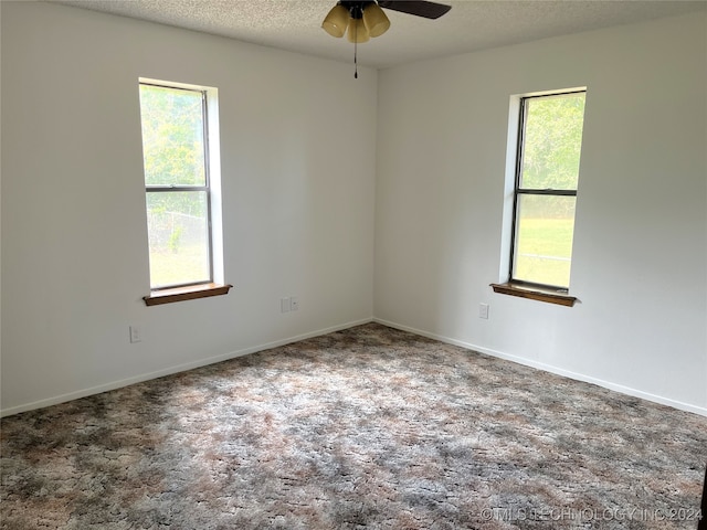 carpeted spare room with a wealth of natural light, a textured ceiling, and ceiling fan