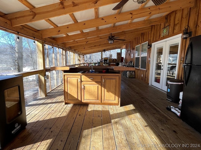 deck with french doors, sink, and ceiling fan