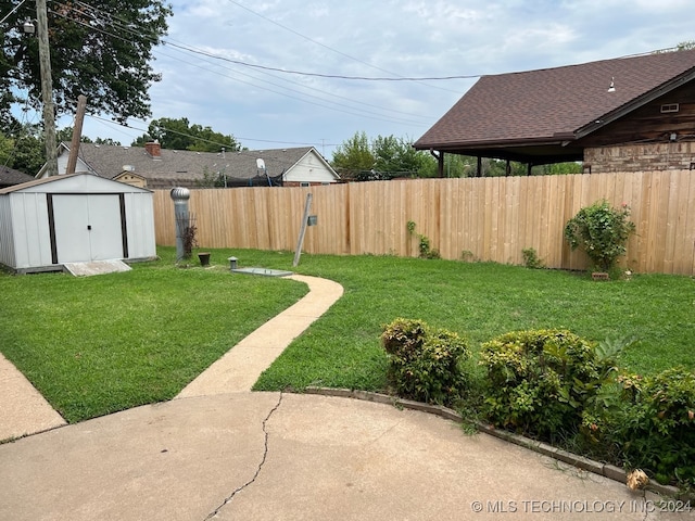 view of yard featuring a patio and a shed