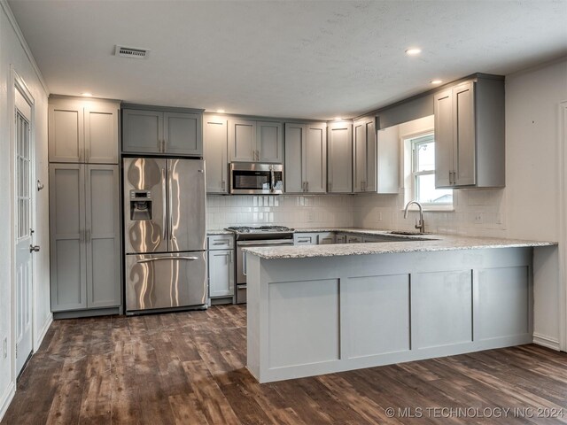 kitchen featuring sink, dark hardwood / wood-style floors, light stone counters, and stainless steel appliances