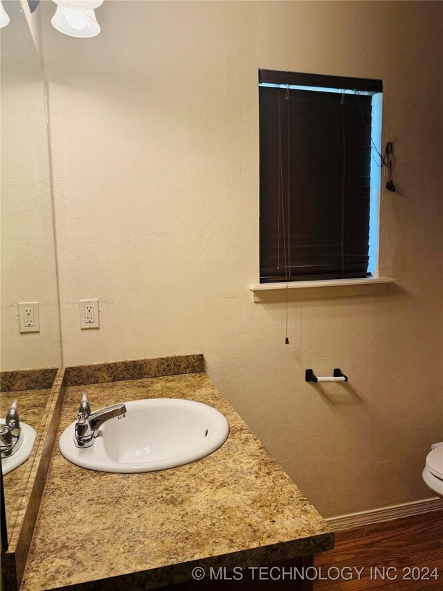 bathroom with toilet, hardwood / wood-style floors, and vanity