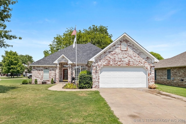 view of front of home with a garage, concrete driveway, brick siding, and a front yard