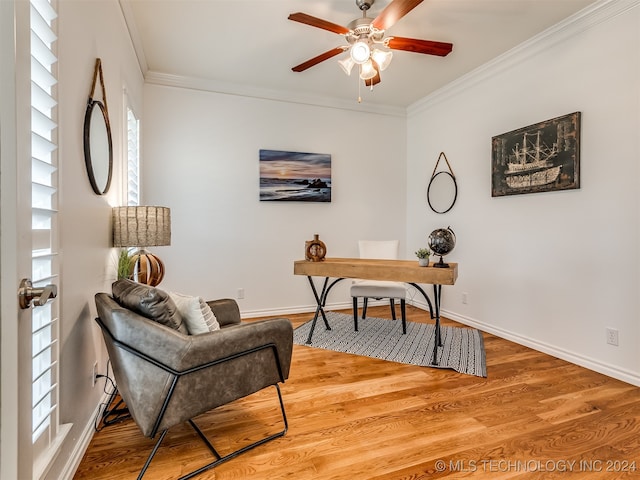 office area featuring ornamental molding, hardwood / wood-style floors, and ceiling fan