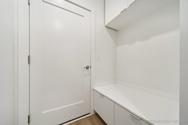 mudroom with light hardwood / wood-style floors