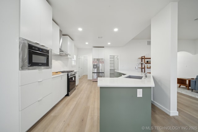 kitchen with white cabinetry, sink, light wood-type flooring, and appliances with stainless steel finishes