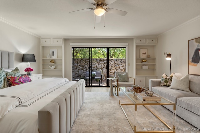 bedroom with ceiling fan, light hardwood / wood-style floors, crown molding, and access to exterior