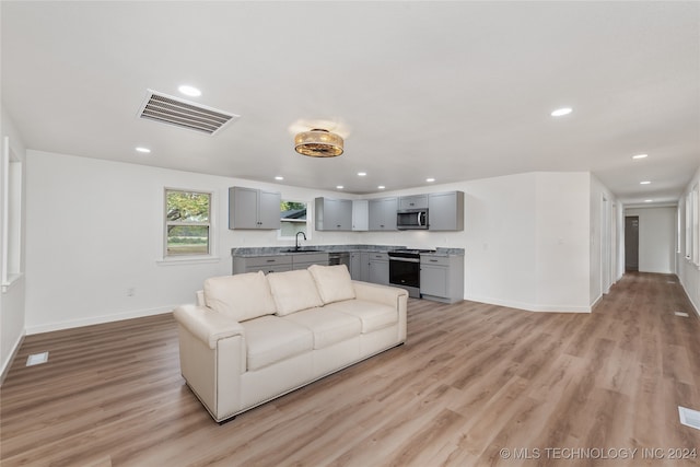 living room featuring light wood-type flooring and sink