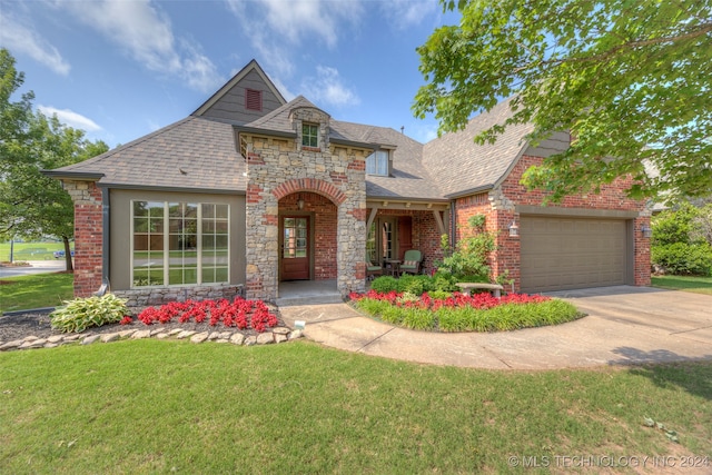 view of front of property featuring a garage and a front lawn