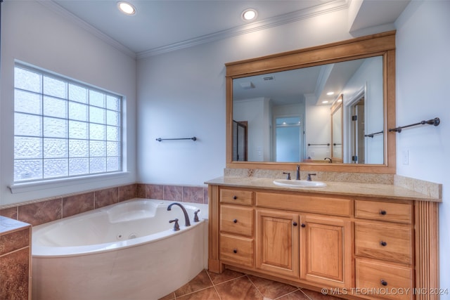 bathroom featuring separate shower and tub, ornamental molding, vanity, and tile patterned floors