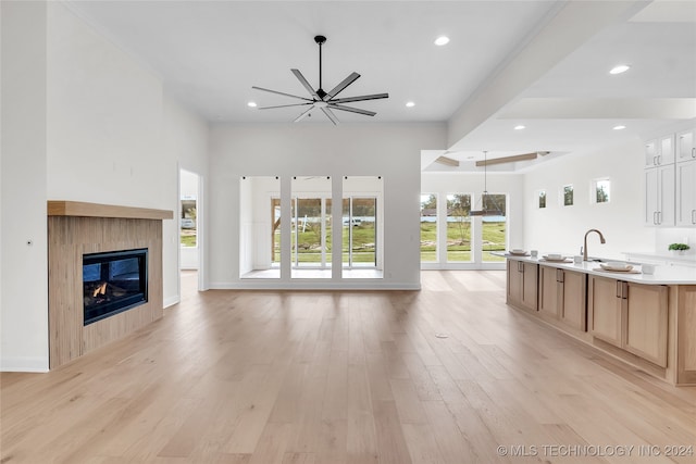 unfurnished living room with light hardwood / wood-style flooring and ceiling fan