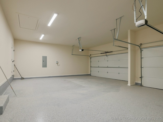 garage with electric panel and a garage door opener