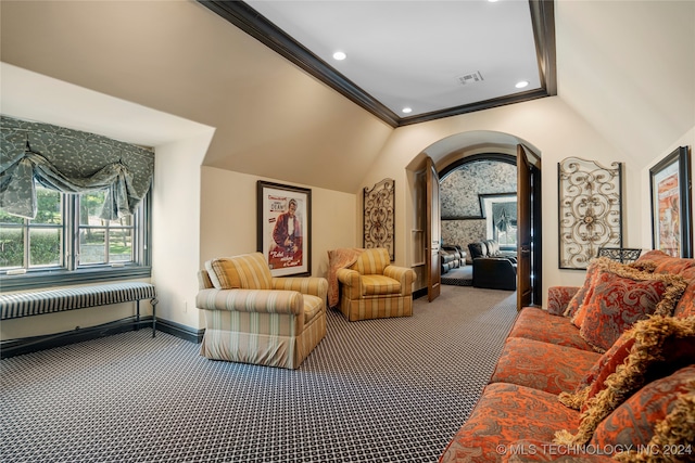 living room featuring carpet floors, lofted ceiling, ornamental molding, and radiator