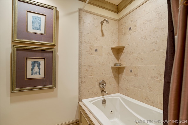 bathroom featuring ornamental molding and shower / tub combo with curtain