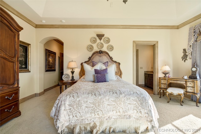 bedroom with a tray ceiling, light colored carpet, and ensuite bath