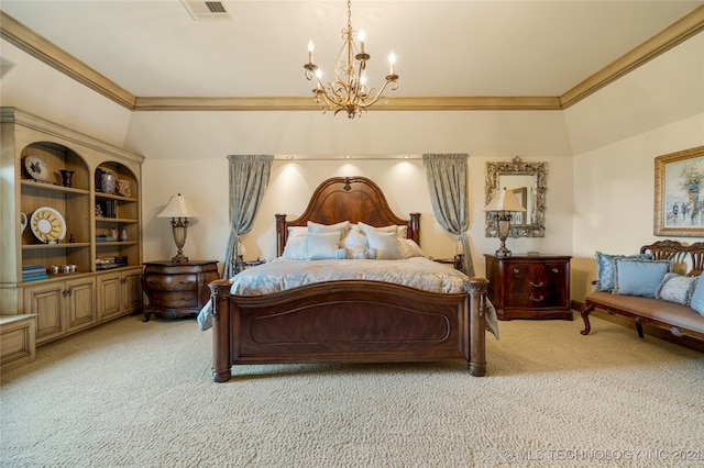 bedroom featuring light carpet, an inviting chandelier, and ornamental molding