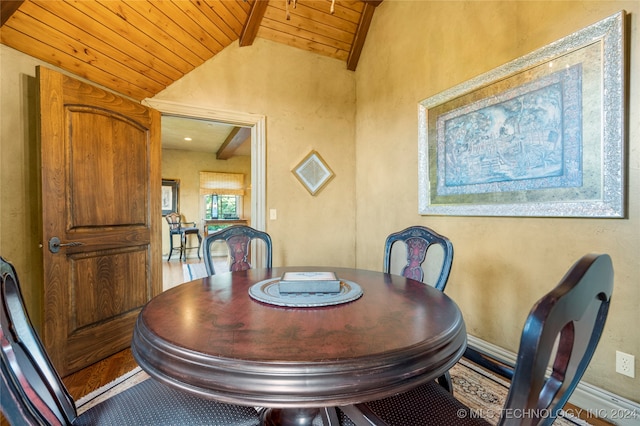 dining space featuring vaulted ceiling and wood ceiling