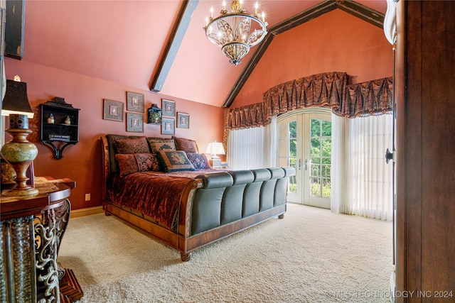 bedroom featuring access to outside, carpet, beam ceiling, french doors, and a notable chandelier