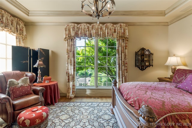 bedroom with a raised ceiling, light hardwood / wood-style floors, and multiple windows