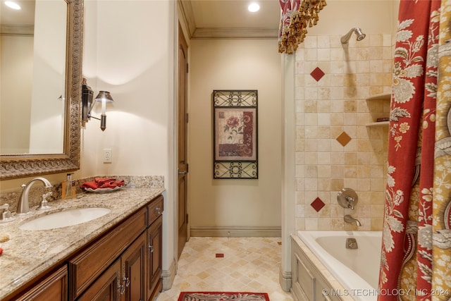 bathroom with shower / tub combo, tile patterned flooring, ornamental molding, and vanity