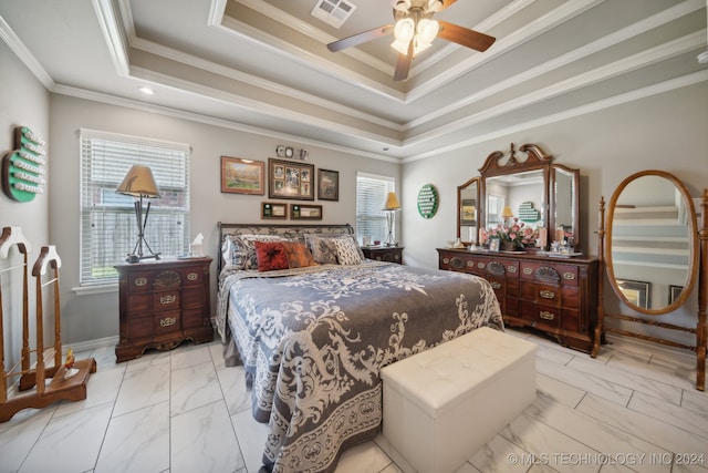 bedroom featuring ornamental molding and multiple windows