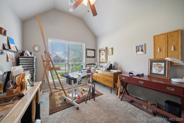 carpeted home office featuring ceiling fan and high vaulted ceiling