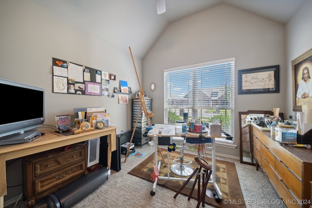 office featuring carpet and lofted ceiling