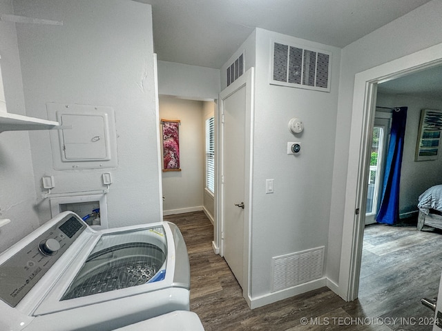 laundry room featuring washer / clothes dryer, electric panel, and dark hardwood / wood-style floors