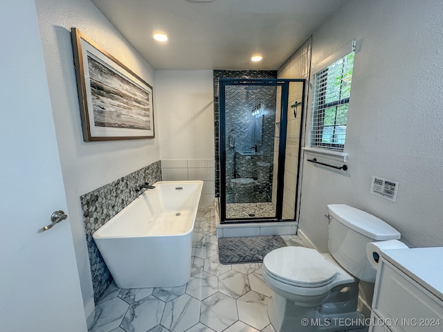 full bathroom with plus walk in shower, toilet, and vanity