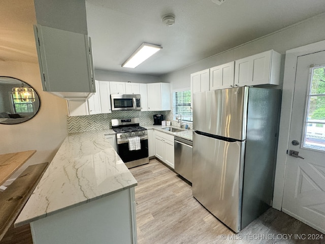 kitchen featuring light hardwood / wood-style flooring, light stone counters, stainless steel appliances, sink, and decorative backsplash