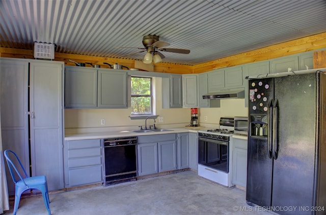 kitchen with ceiling fan, black appliances, sink, and wood ceiling