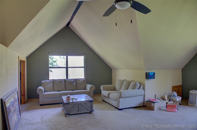 living room featuring ceiling fan, lofted ceiling, and light colored carpet