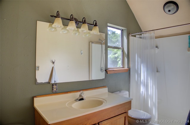 bathroom with vaulted ceiling, toilet, a shower with shower curtain, and vanity