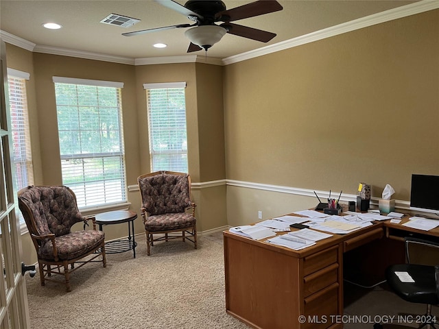 carpeted office space with ornamental molding and ceiling fan