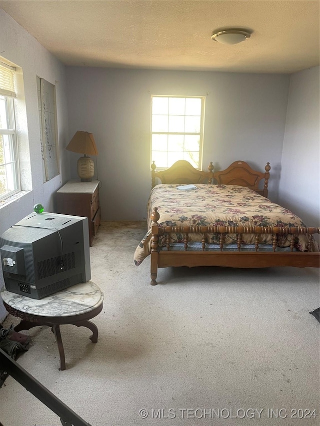 carpeted bedroom with a textured ceiling