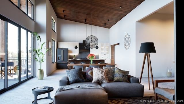 living room featuring a wealth of natural light, high vaulted ceiling, and wooden ceiling