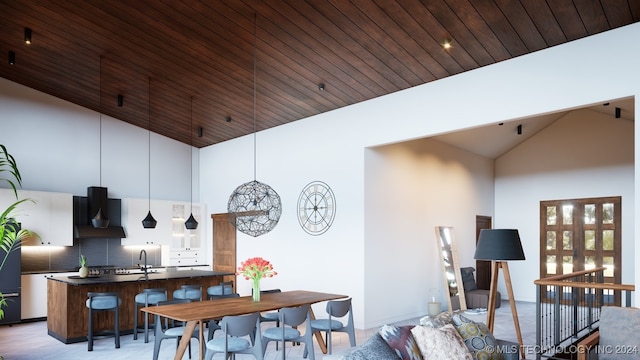 living room featuring sink and high vaulted ceiling