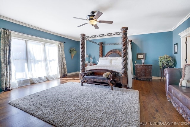 bedroom featuring ceiling fan, crown molding, and dark hardwood / wood-style flooring