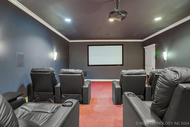 carpeted cinema room with crown molding