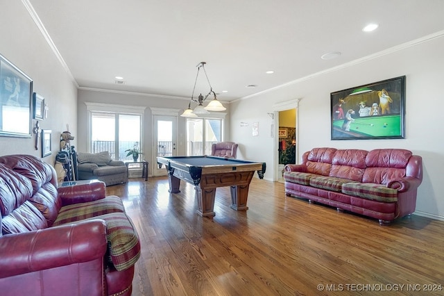 rec room featuring billiards, crown molding, and wood-type flooring