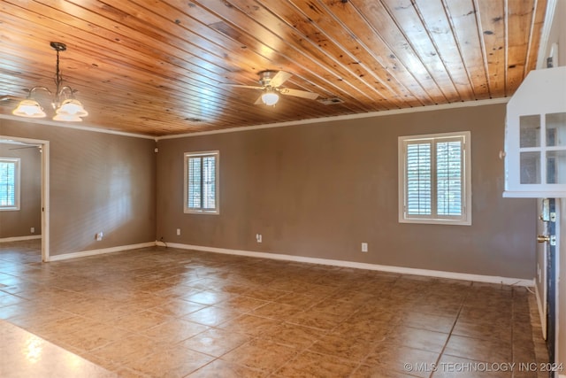 spare room featuring ceiling fan with notable chandelier, wood ceiling, crown molding, and tile patterned floors