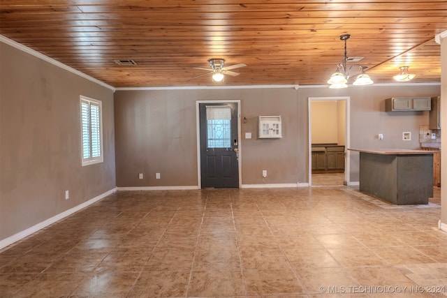 unfurnished living room with crown molding, ceiling fan with notable chandelier, and wooden ceiling