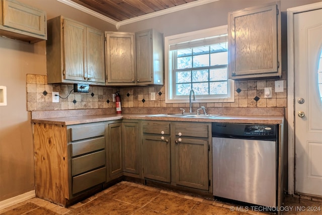 kitchen featuring ornamental molding, tasteful backsplash, stainless steel dishwasher, and sink