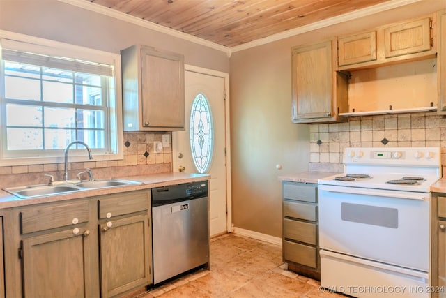 kitchen with dishwasher, electric range, sink, light brown cabinets, and tasteful backsplash