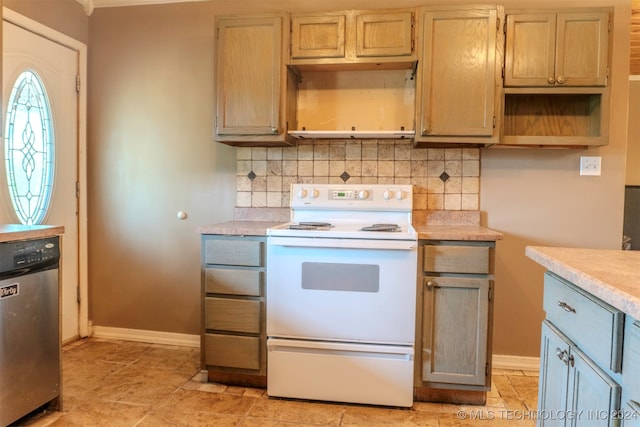 kitchen with dishwasher, white electric range, and tasteful backsplash