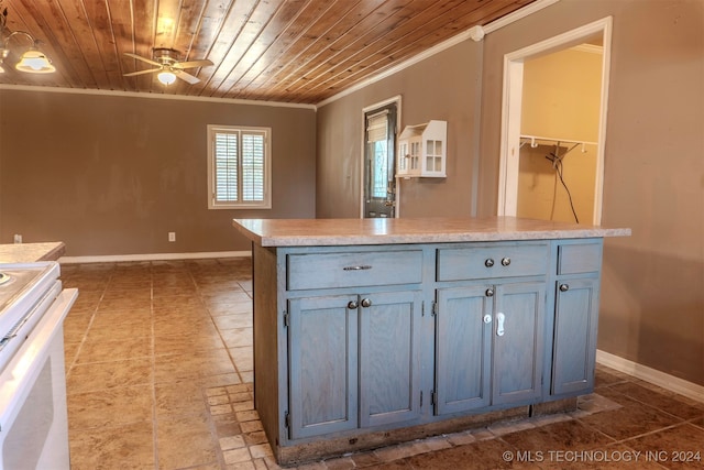 kitchen featuring wood ceiling, crown molding, ceiling fan, and white range with electric cooktop