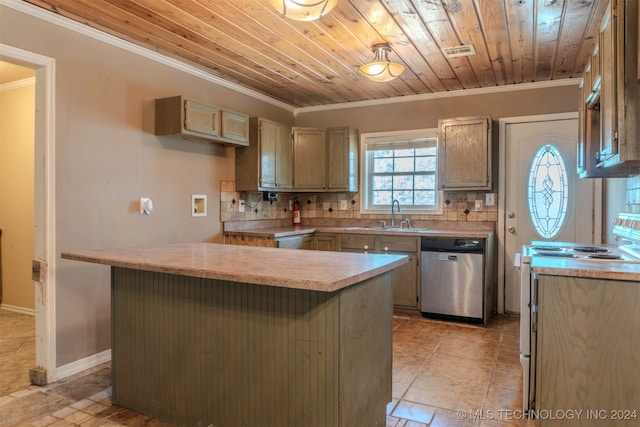 kitchen featuring backsplash, dishwasher, wood ceiling, electric range, and sink