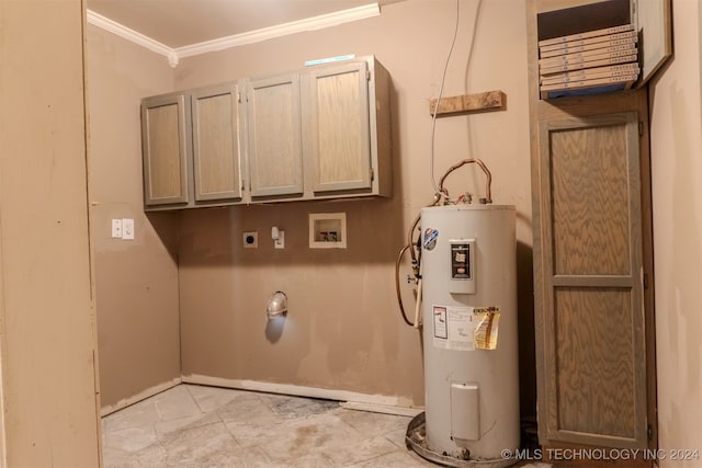 laundry area with cabinets, ornamental molding, electric water heater, electric dryer hookup, and washer hookup